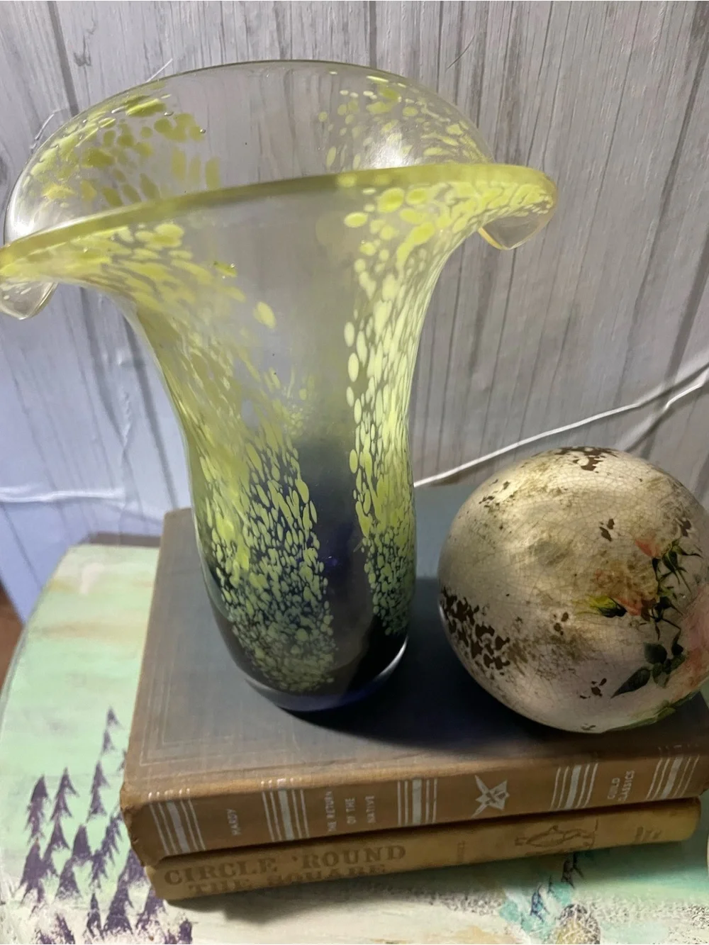 Handblown Glass Flared Vase in Lime Green and Deep Blue